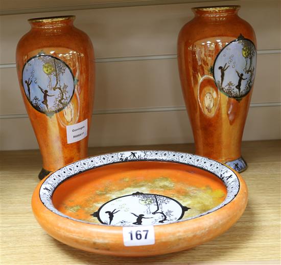 A pair of Carlton ware orange lustre Moonlight cameo fairy pattern vases and a similar dish (3) vases height 26cm